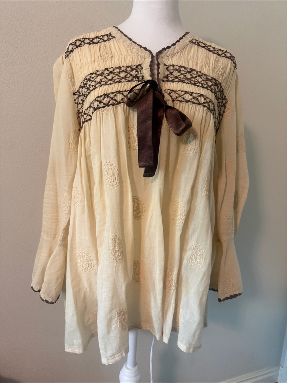 Sundance Cream Embroidered Peasant Tunic with Brown Ribbon